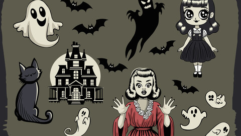 Retro cartoon style horror stiker set - Halloween set