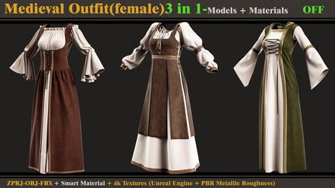 3 in 1 Medieval Outfit-FEMALE-MD/Clo3d (OBJ + FBX +ZPRJ) + Smart Material + Textures