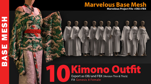 10 Kimono Outfit BASE MESH (VOL.01). Marvelous Designer/Clo3D project file+OBJ,FBX