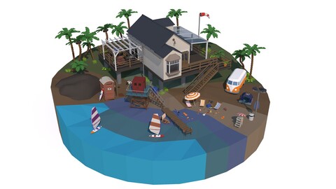 Beach House Island Props Collection - Game Ready Low Poly 3D Model Download