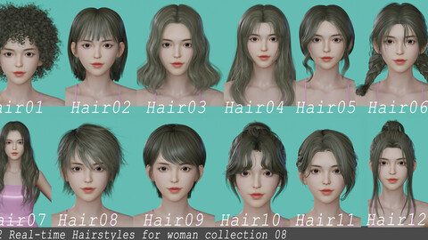 12 Real-time woman Hairstyles collection 08 hair stylized haircut head girl young female blonde brunette beautiful wig character hairstyle haircut human real time ingame lowpoly