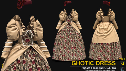 GOTHIC DRESS VOL 6 (MARVELOUS DESIGNER AND CLO3D)ZPRJ, OBJ, FBX,UV