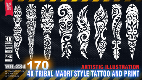 170 4K TRIBAL MAORI STYLE TATTOO AND PRINT + SVG FORMAT - ARTISTIC ILLUSTRATION - HIGH END QUALITY RES - (TRANSPARENT & ALPHA & VECTORS) - VOL234