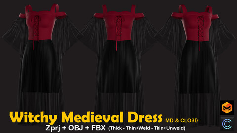 Witchy Medieval Costume. Clo3D. MD Projects + OBJ + FBX