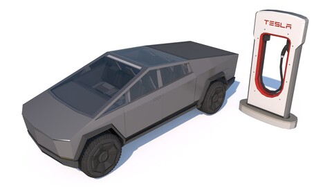 Tesla Cybertruck with Charging Station Module - Game Ready Low Poly 3D Model Download