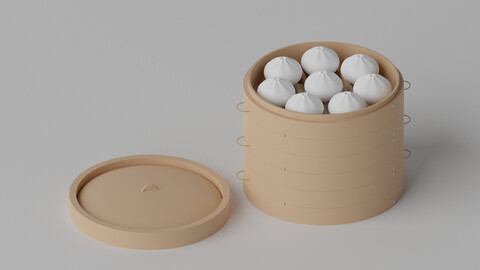 Bamboo Steamer and Steamed Bun 3D model