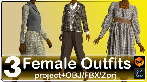 3 Female Outfits ( 7 pieces of clothing ) Marvelous Designer/Clo3D Project File + OBJ,FBX,Zprj