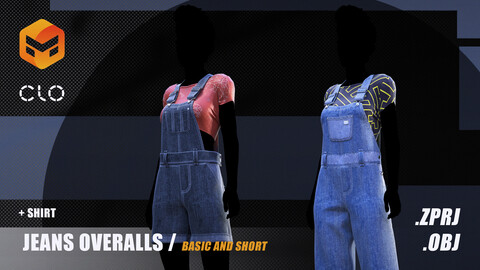 Jeans overalls / Basic and short / Marvelous Designer Project + OBJ