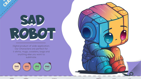 Sad cartoon Robot. T-Shirt, PNG, SVG.