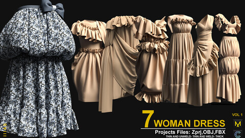 7 WOMAN DRESS VOL 1 (MARVELOUS DESIGNER AND CLO3D)ZPRJ, OBJ, FBX,UV