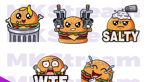 Twitch emotes cute burger trash, salty, weapon, wtf & laugh pack