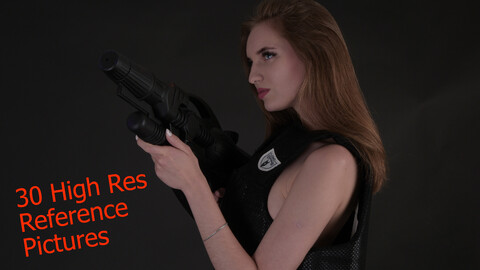 Reference Pack - PR0084 - Model poses in a protection vest with a gun