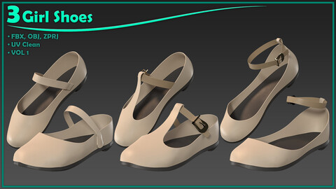 3 girls shoes/ zprj+obj+fbx/ clo3d, marvelous designer