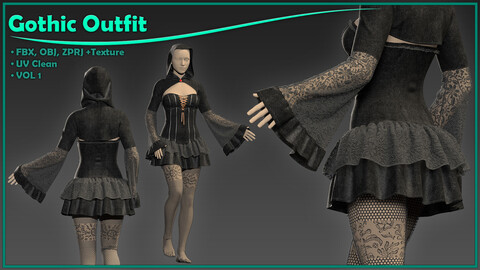 female gothic outfit with texture/ zprj+obj+fbx+4K PBR/ clo3d, marvelous designer