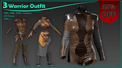 3 female warrior outfit with texture/ zprj+obj+fbx+4K PBR/ clo3d, marvelous designer/ warrior outfit pack