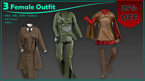 3 female outfit with texture/ zprj+obj+fbx+4K PBR/ clo3d, marvelous designer/ female outfit pack