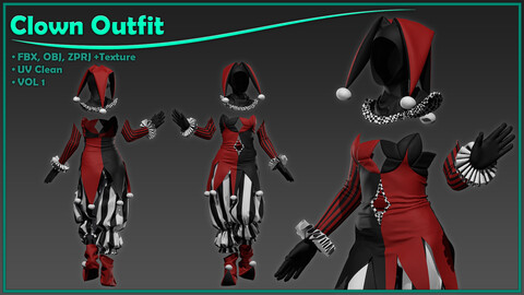 female clown or circus outfit with texture/ zprj+obj+fbx+4K PBR/ clo3d, marvelous designer