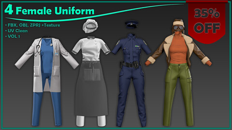 4 female uniform with texture/pilot, chef, police, doctor/ zprj+obj+fbx+4K PBR/ clo3d, marvelous designer/ uniform pack vol1