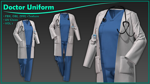 female doctor uniform with texture/ zprj+obj+fbx+4K PBR/ clo3d, marvelous designer