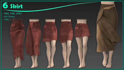 6 female classic skirt/ zprj+obj+fbx/ clo3d, marvelous designer