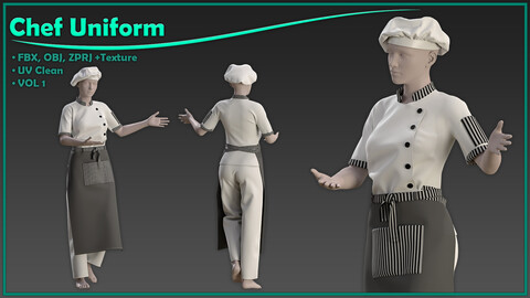 chef outfit with texture/ zprj+obj+fbx+4K PBR/ clo3d, marvelous designer