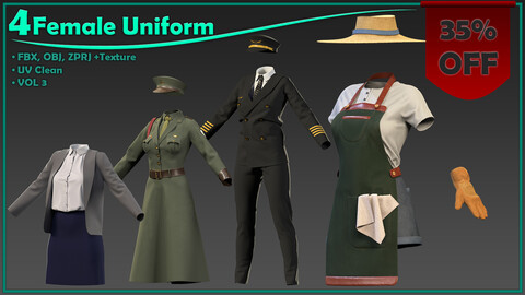 4 female uniform with texture/pilot, army, teacher, gardener/ zprj+obj+fbx+4K PBR/ clo3d, marvelous designer/ uniform pack vol3