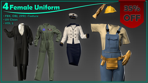 4 female uniform with texture/pilot, sailor, judge, repairwoman/ zprj+obj+fbx+4K PBR/ clo3d, marvelous designer/ uniform pack vol2