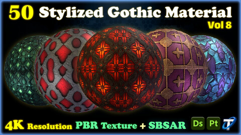 50 Stylized Gothic Materials - SBSAR + PBR Textures (MEGA Bundle) - Vol 8