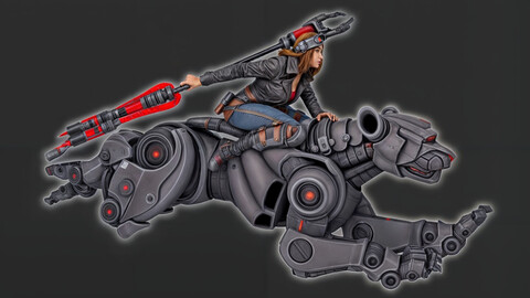 A woman with goggles and a red shirt is riding a large robotic tiger