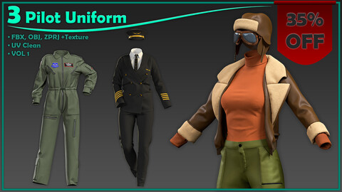 3 female pilot uniform with texture/zprj+obj+fbx+4K PBR/ clo3d, marvelous designer/ pilot uniform pack