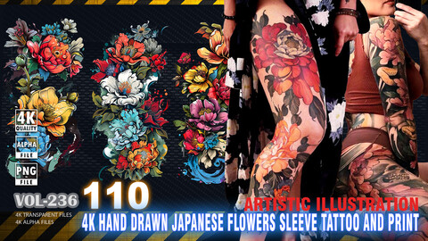 110 4K HAND DRAWN JAPANESE FLOWERS SLEEVE TATTOO AND PRINT - ARTISTIC ILLUSTRATION - HIGH END QUALITY RES - (TRANSPARENT & ALPHA) - VOL236