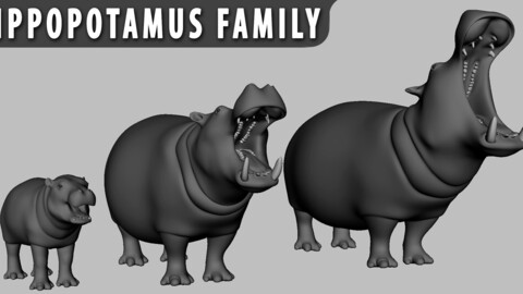 Hippopotamus Family  - Topology + UV Map