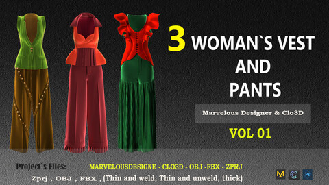 3 Woman`s  Vest And Pants Pack (VOL . 01) Designed in Clo3D (zprj, fbx, obj , clo3D)