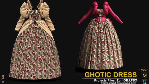 GOTHIC DRESS VOL 7 (MARVELOUS DESIGNER AND CLO3D)ZPRJ, OBJ, FBX,UV