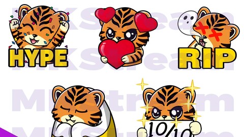 Twitch emotes cute tiger hype, love, rip, comfy & perfect pack