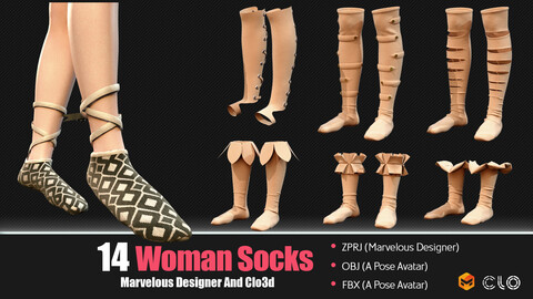 14 Socks Women (CLO3D, MD PROJECTS+OBJ+FBX) Vol 01