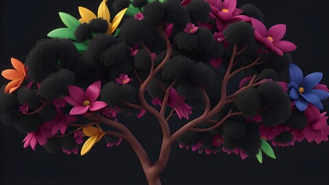 a tree with colorful flowers and leaves on it