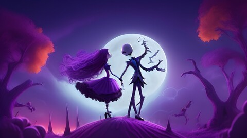 a cartoon illustration of a woman and a purple moon with a purple background.