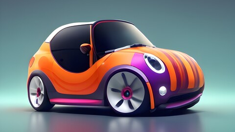 a colorful toy car with a purple and orange design.