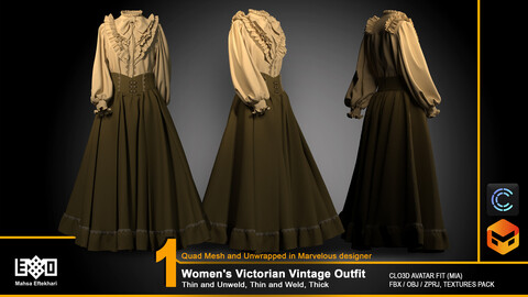 Women's Victorian Vintage Outfit - VOL1 (ZPRJ+FBX+OBJ Files)