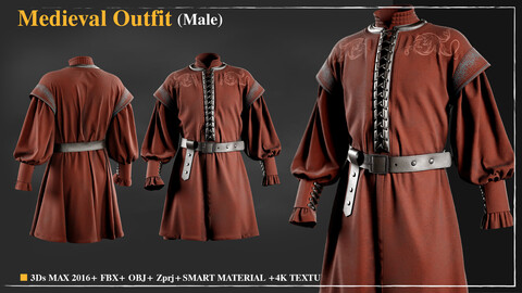 Medieval outfit (Male) 002 / Marvelous Designer / 4k Textures/Smart material / OBJ-FBX