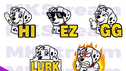 Twitch emotes dalmatian dog lurk, hi, gg, ez & rage pack