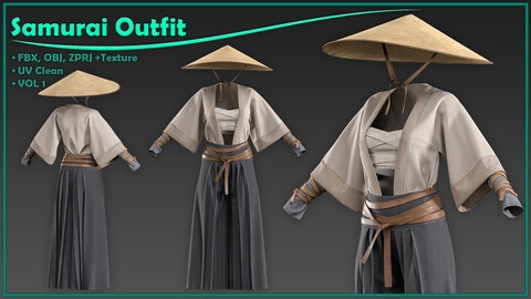 female samurai outfit with texture/ zprj+obj+fbx+4K PBR/ clo3d, marvelous designer