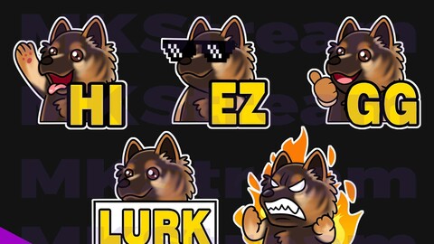 Twitch emotes german shepherd dog lurk, hi, gg, ez & rage pack