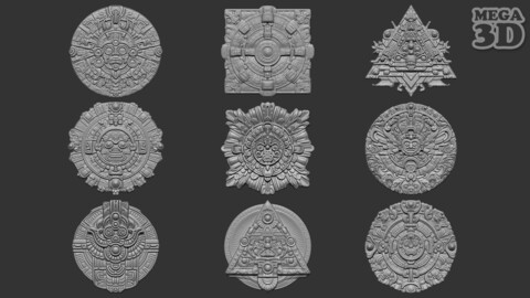 Mayan Pendant Bas relief Pack 240515 3D Model Collection