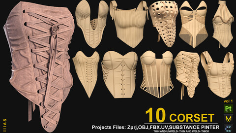 7 CORSET VOL 1 (MARVELOUS DESIGNER AND CLO3D)ZPRJ, OBJ, FBX,UV, 4K TEXTURE (SUBSTANCE PINTER)