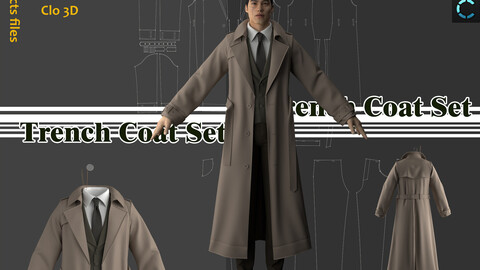 Trench Coat Outfit_Male__Clo3d, Marvelous Designer Project