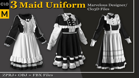 3 Maid Uniform -Marvelous Designer/Clo3d (ZPRJ) + OBJ + FBX