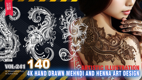 140 4K HAND DRAWN MEHNDI AND HENNA ART DESIGN - ARTISTIC ILLUSTRATION - HIGH END QUALITY RES - (TRANSPARENT & ALPHA) - VOL241