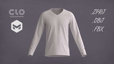 Men's V-Neck Long Sleeve T-Shirt 3D Model